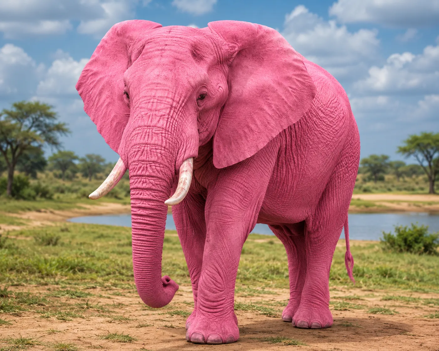No matter what you do, just don't think of the pink elephant! A pink elephant standing in a savanna landscape.