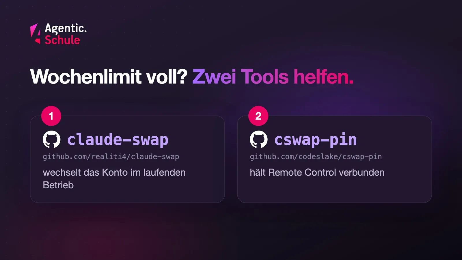 Wochenlimit voll? Zwei Tools helfen. 1: claude-swap, github.com/realiti4/claude-swap, wechselt das Konto im laufenden Betrieb. 2: cswap-pin, github.com/codeslake/cswap-pin, hält Remote Control verbunden.