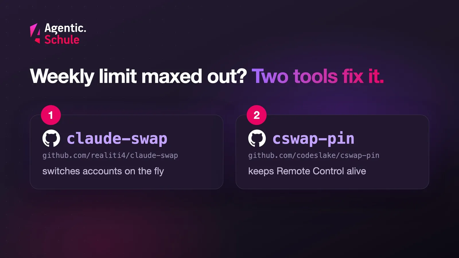 Weekly limit maxed out? Two tools fix it. 1: claude-swap, github.com/realiti4/claude-swap, switches accounts on the fly. 2: cswap-pin, github.com/codeslake/cswap-pin, keeps Remote Control alive.