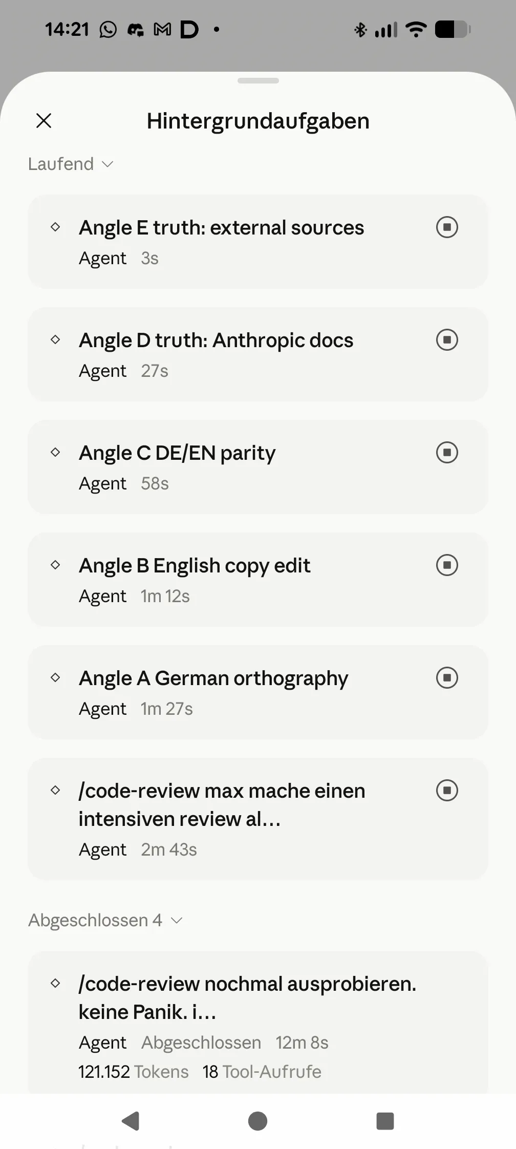 Background tasks in Claude Code: five parallel review agents (Angle A to E) while /code-review max is running