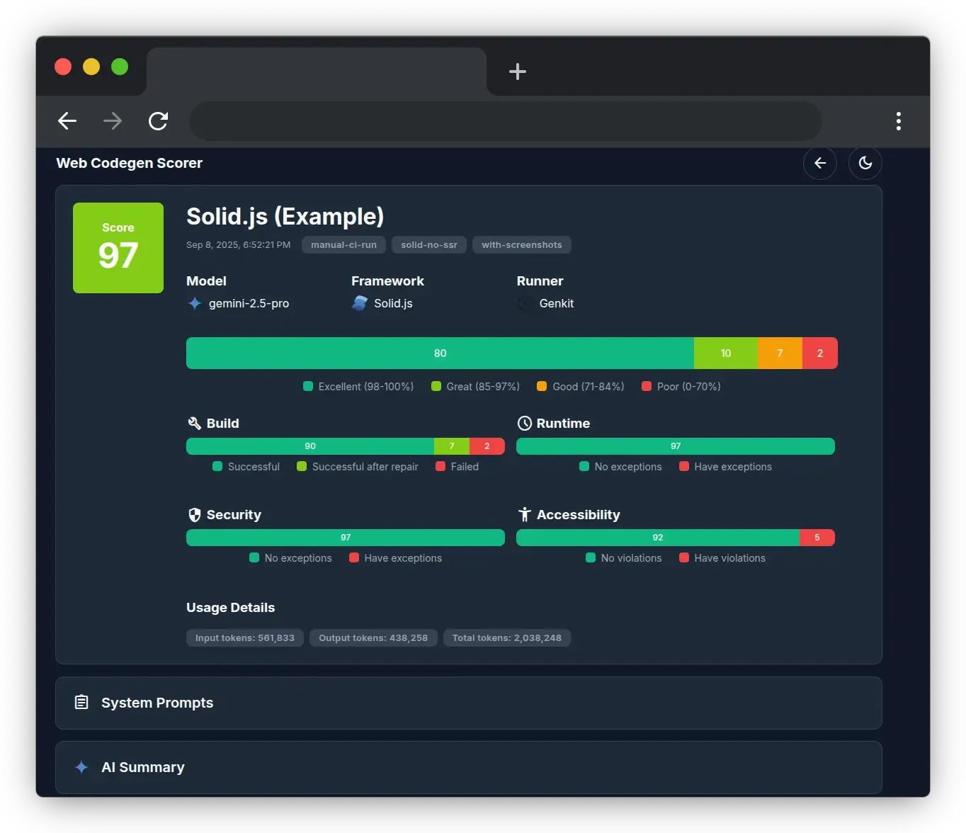 Web-Codegen-Scorer-Report für Solid.js: ebenfalls Gesamt-Score 97, gleiche Aufschlüsselung