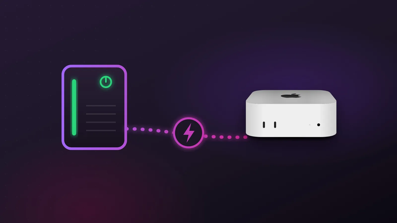 Illustration im agentic.schule-Look: Links eine stilisierte USV mit lila leuchtendem Rahmen, grüner Statusleiste und grünem Einschaltsymbol, verbunden über eine magenta gepunktete Linie mit einem Blitz-Symbol zu einem silbernen Mac mini rechts.