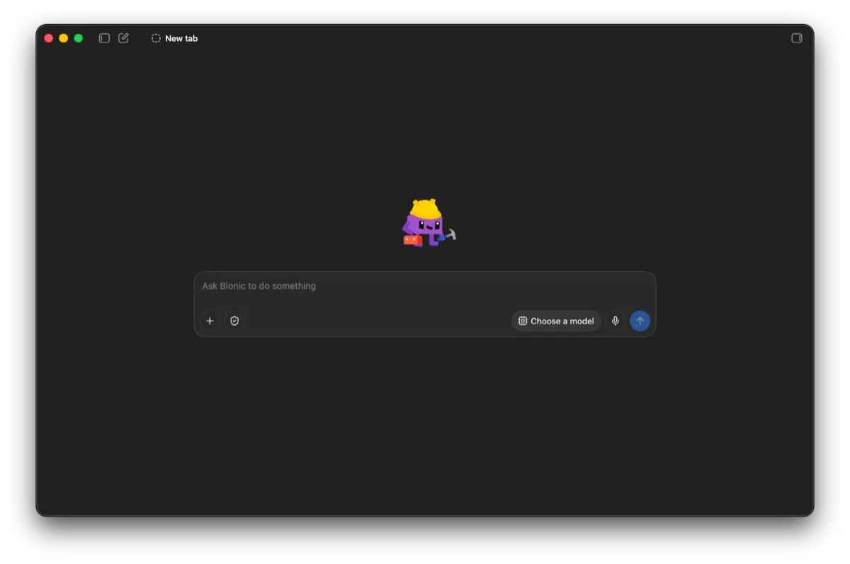 Der Startbildschirm von LM Studio Bionic: ein leeres Fenster mit einem zentralen Eingabefeld „Ask Bionic to do something" und einer Modellauswahl.