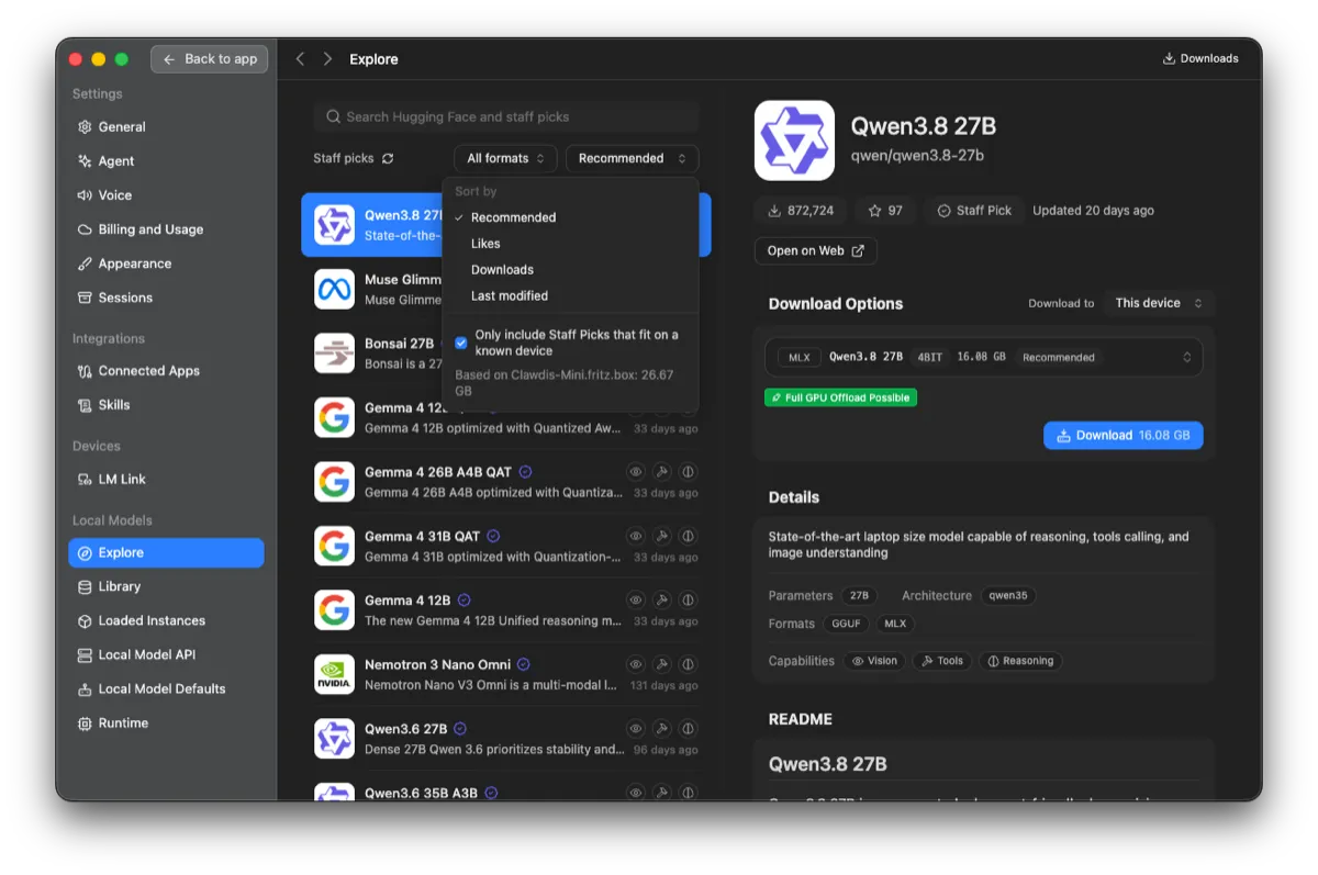 The Explore area of LM Studio: on the left the model list, on the right the details and download options for Qwen3.8 27B. A checked filter "Only include Staff Picks that fit on a known device" limits the list to models that fit your own device.